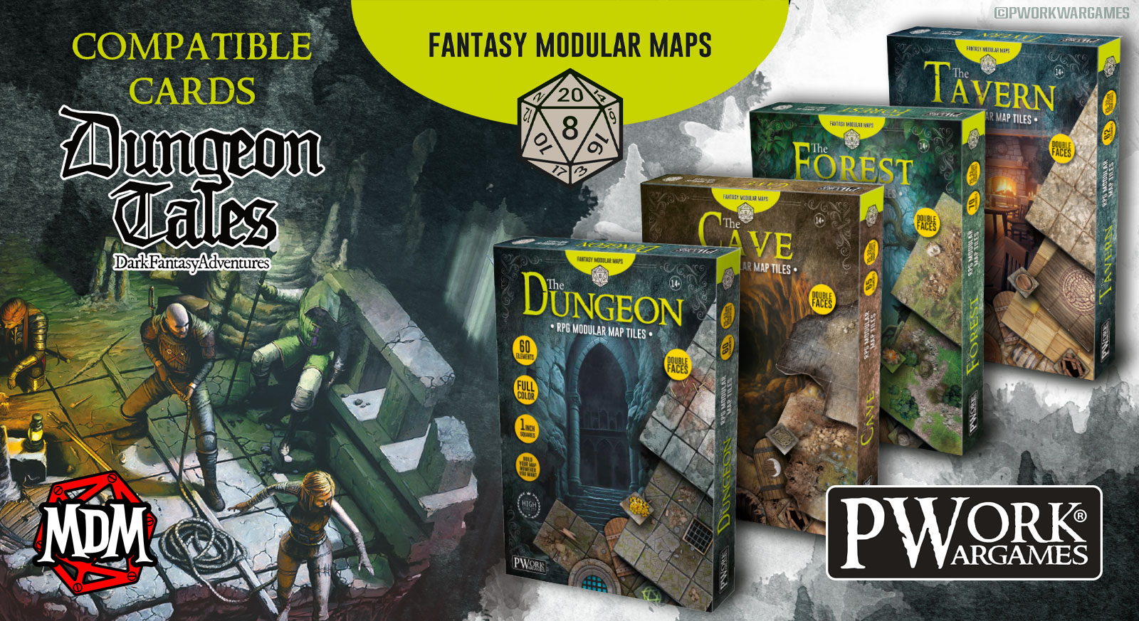 Pwork Wargames and MDM announce the new compatibility sheets that allow you to use all Modular Fantasy Maps with the Dungeon Tales dungeon crawler. The free PDF makes Pwork maps fully compatible with MDM rules, offering endless combinations of rooms and scenarios to create unique dungeons. Explore dark realms and dive into countless adventures. Modular Fantasy Tiles are available on the official Pwork Wargames website.